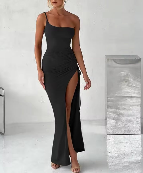 Drawstring High Slit Dress Women Sexy One Shoulder Slim Elastic Maxi Prom Pleated Vestidos Female Dresses